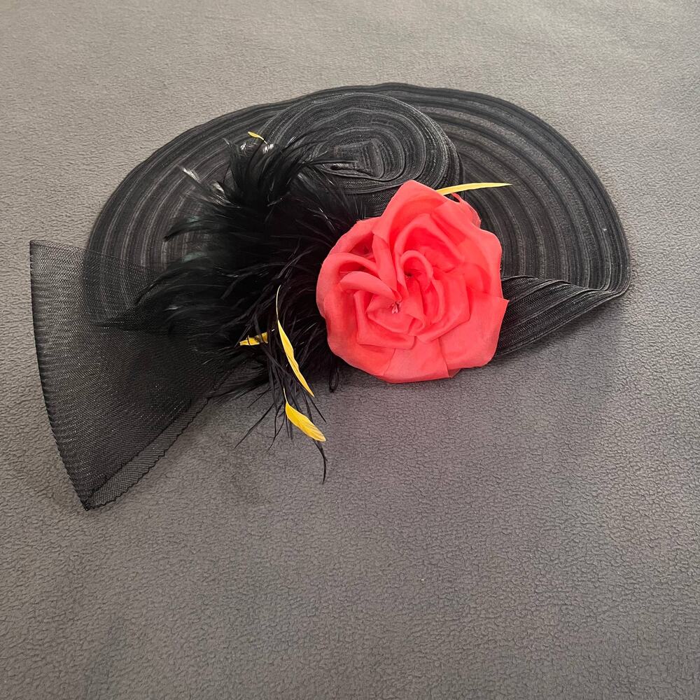 Lauren Ralph Lauren Kentucky Derby Hat Size M Black Rose Feathers Church Wedding